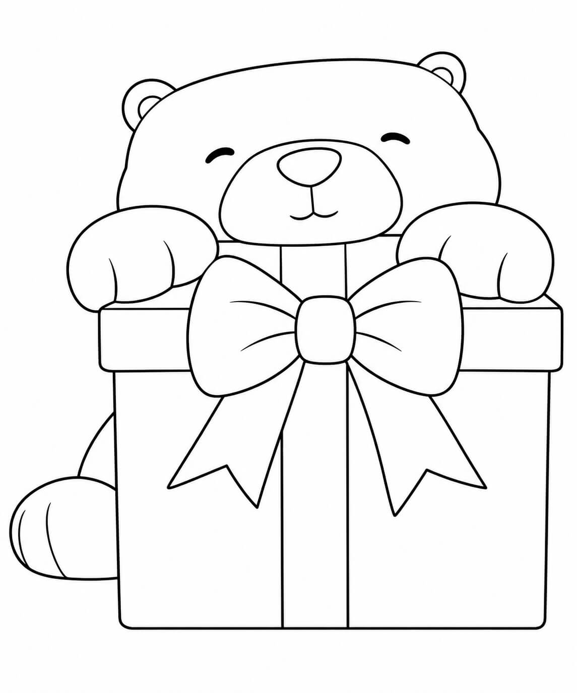 Kleiner Eisbär-Teddy mit Geschenk – Ausmalbild in Schwarz-Weiß