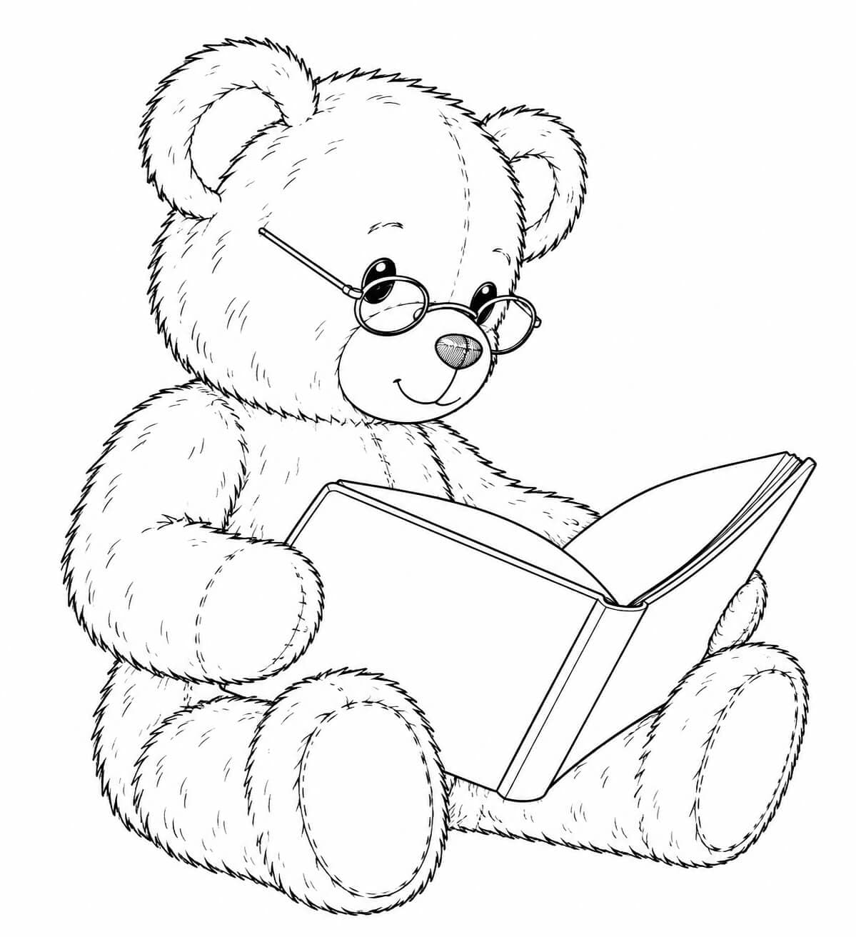 Realistischer Teddybär mit Bilderbuch – Ausmalbild in Schwarz-Weiß
