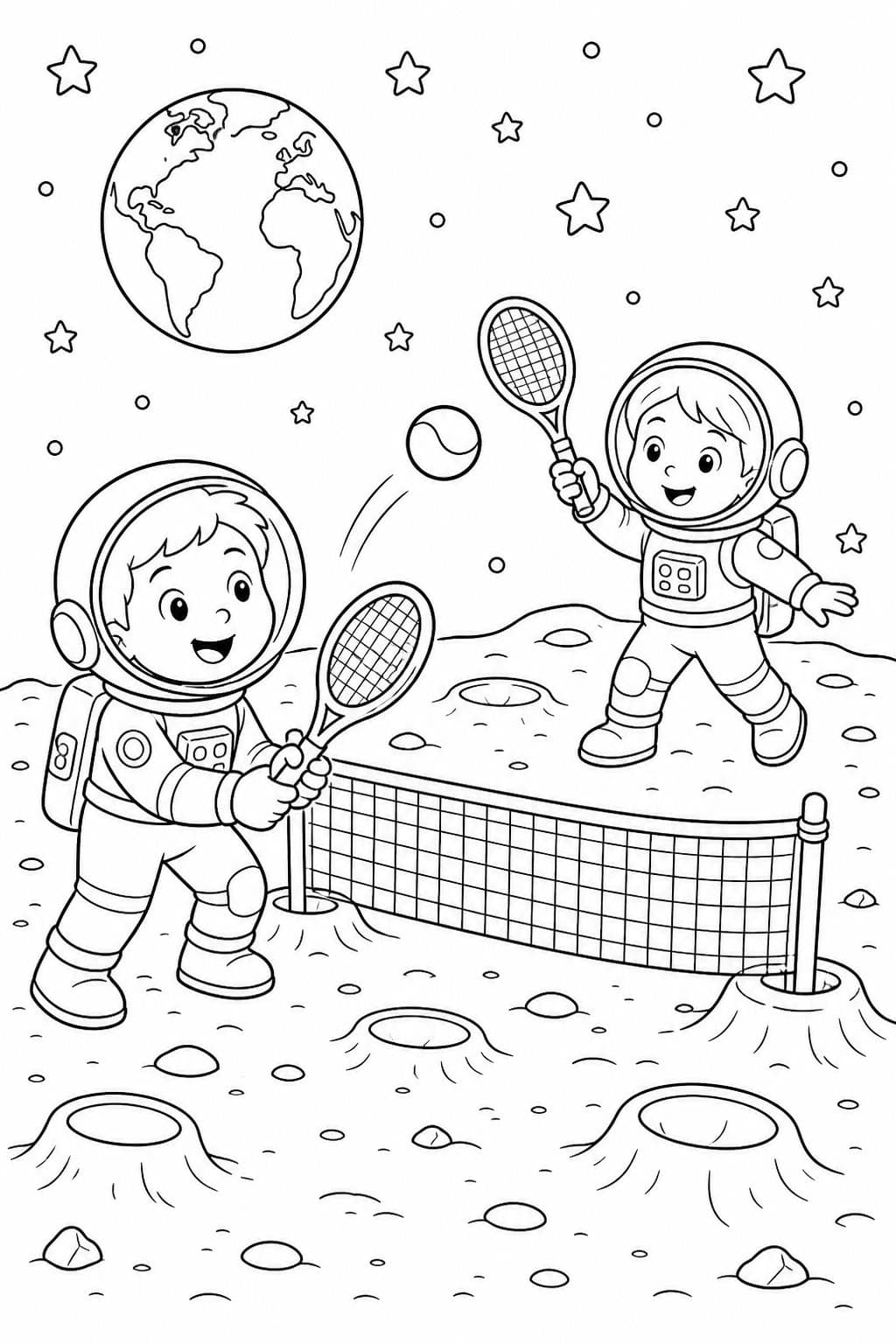 Tennis auf dem Mond Ausmalbild