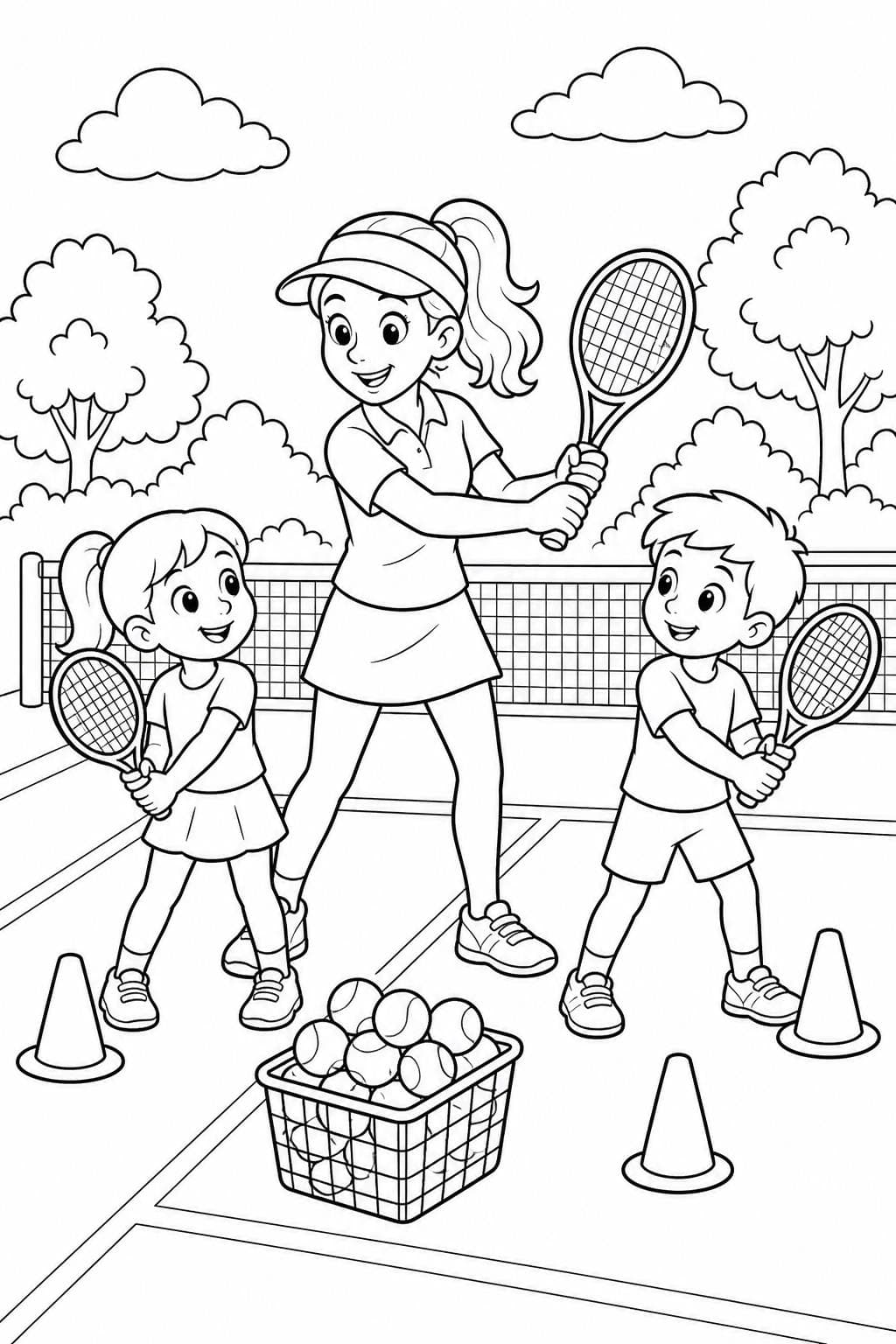 Tennistraining für Kinder Ausmalbild