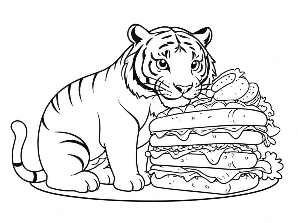 Tiger mit Sandwiches Ausmalbild