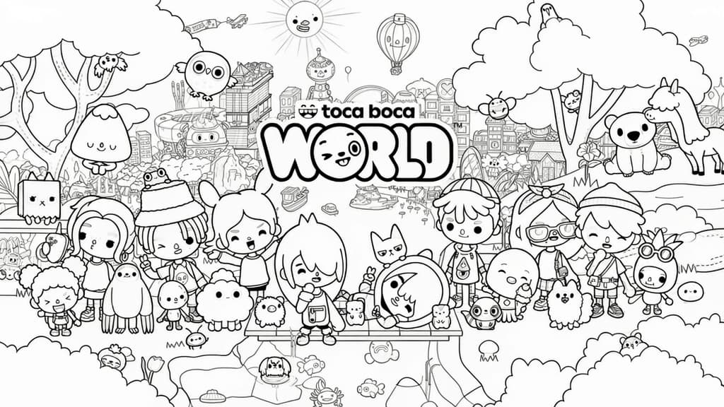 Viele Toca Boca World-Figuren rund um den Schriftzug – Ausmalbild