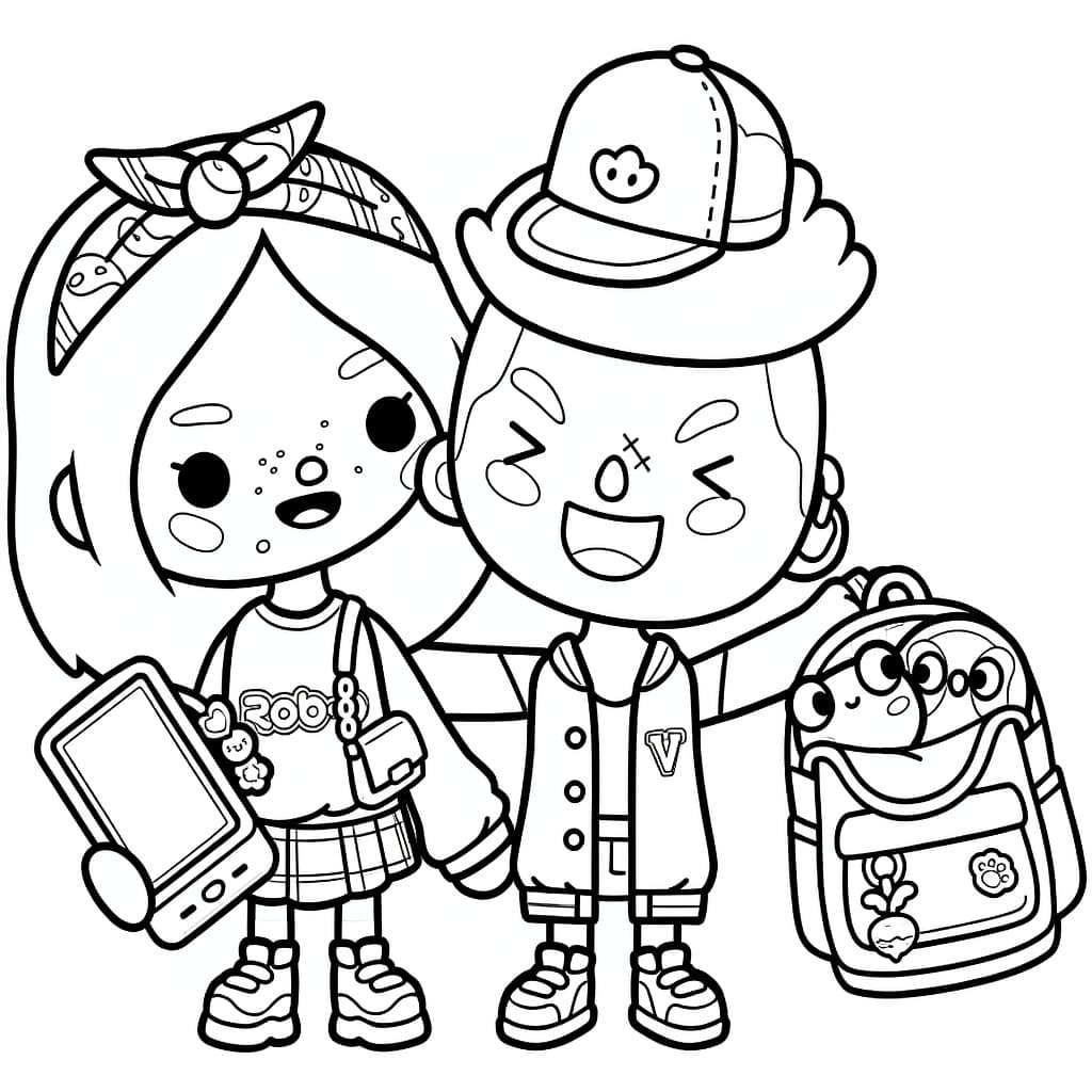 Zwei Toca Boca-Freunde mit Handy und Rucksack – Ausmalbild