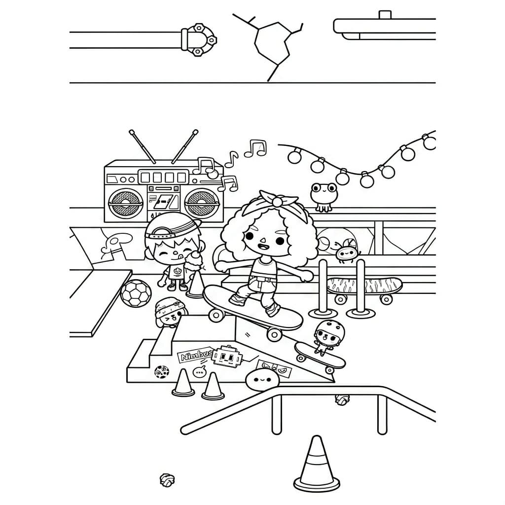 Toca Boca-Figuren mit Skateboards im Skatepark – Ausmalbild