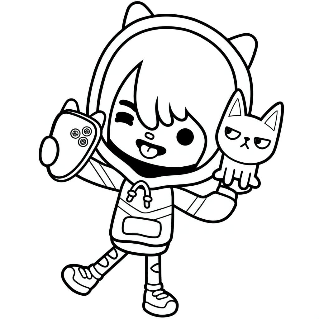 Zeke mit Kopfhörern, Handy und Katze – Toca Boca Ausmalbild