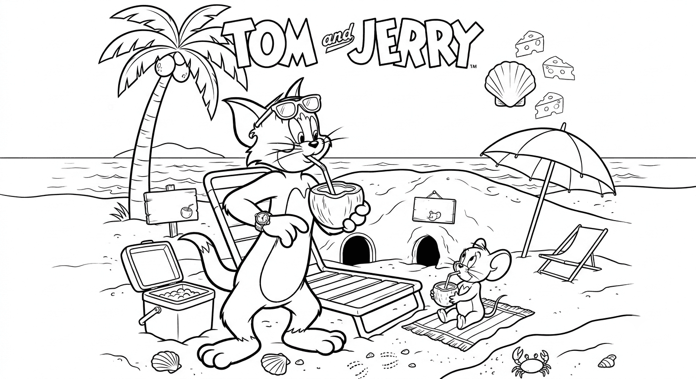 Tom und Jerry im Urlaub Ausmalbild