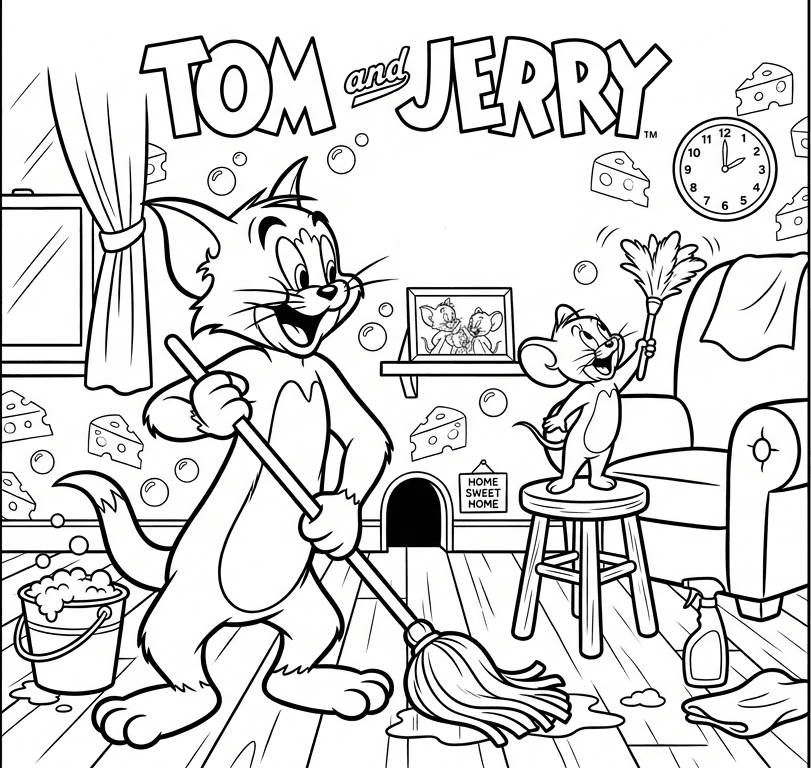Tom und Jerry putzen das Haus Ausmalbild