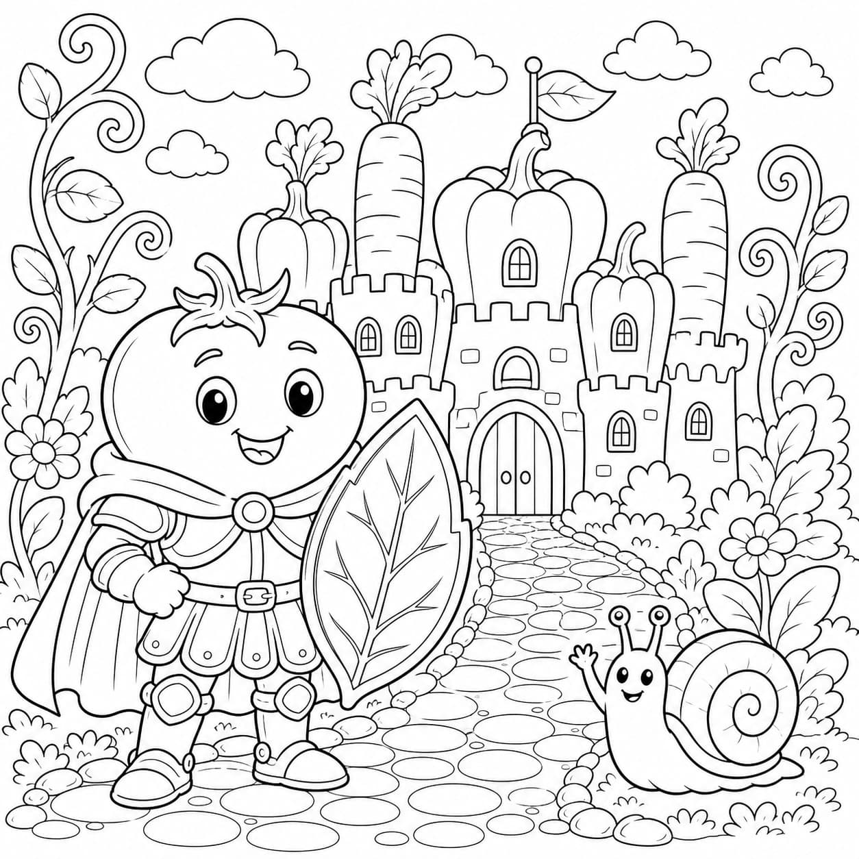 Tomatenritter vor dem Gemüseschloss Ausmalbild