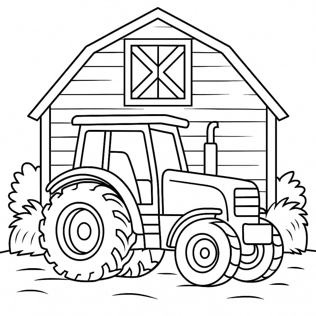 Traktor in der Scheune geparkt – Ausmalbild