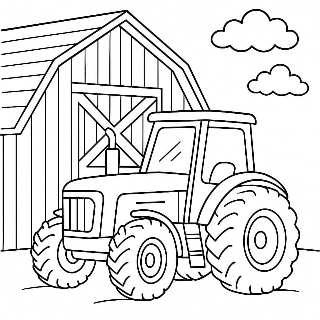 Traktor mit Scheune und Wolken – Ausmalbild