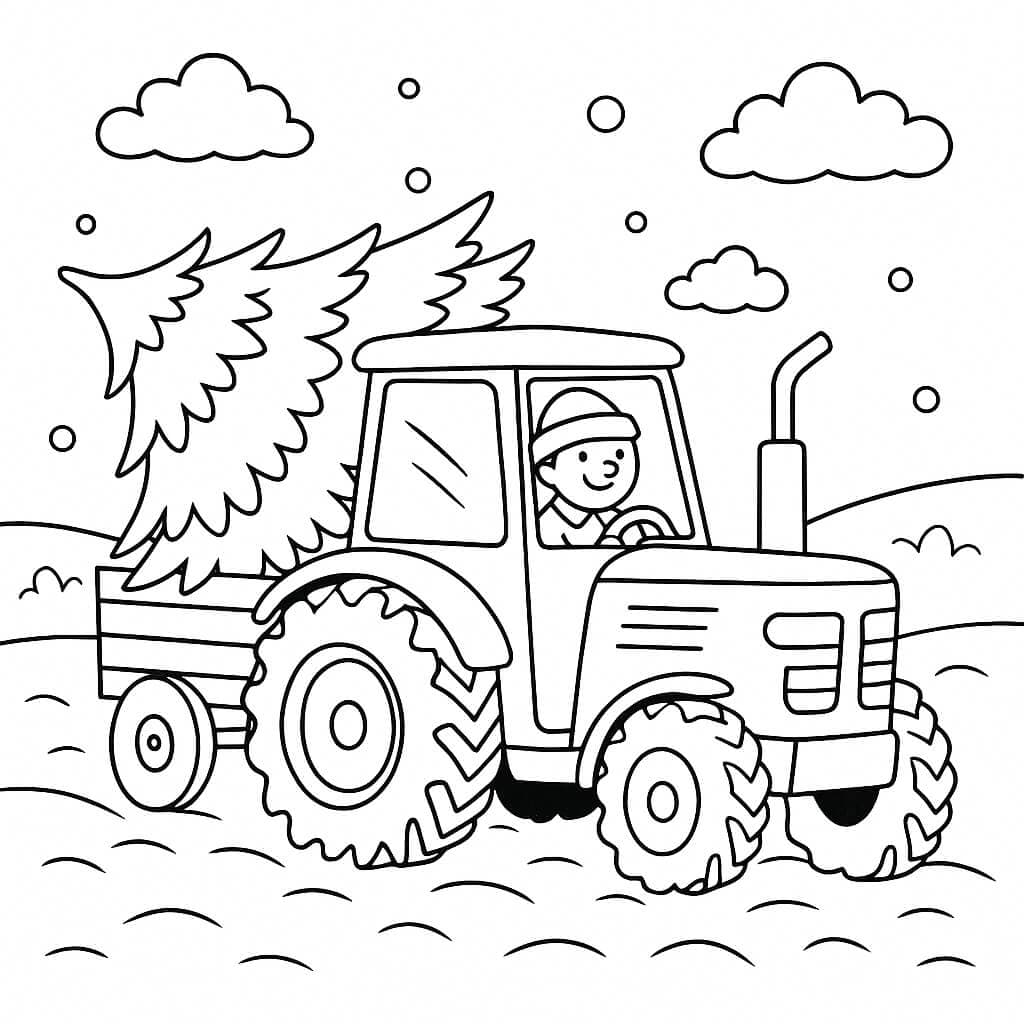 Traktor mit Weihnachtsbaum – Ausmalbild