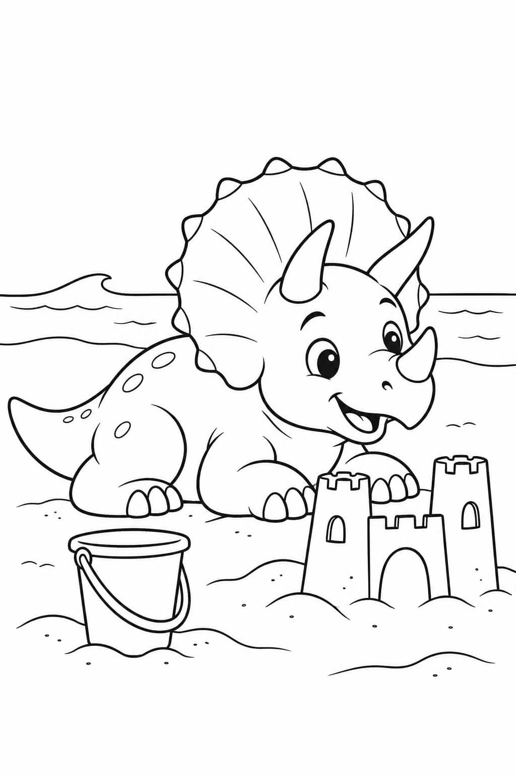 Triceratops neben einer Sandburg und einem Eimer am Strand