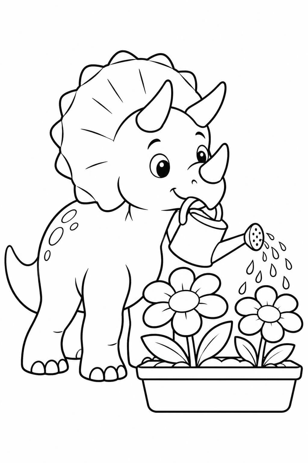Triceratops gießt zwei Blumen im Garten