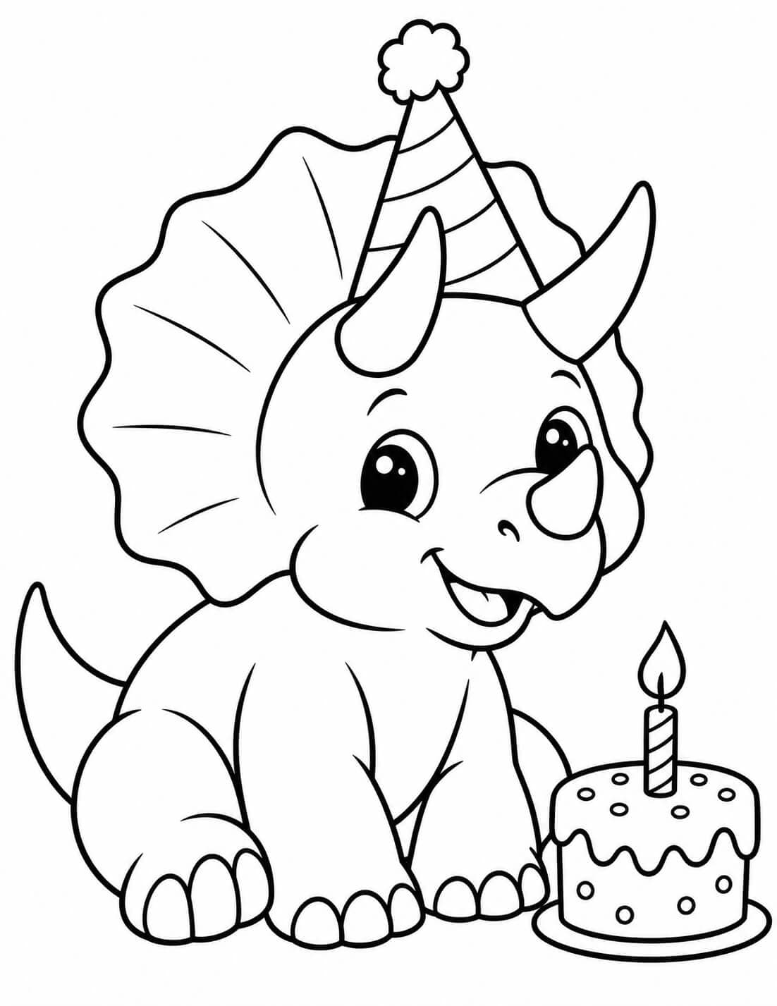 Triceratops mit Partyhut neben einem Geburtstagskuchen