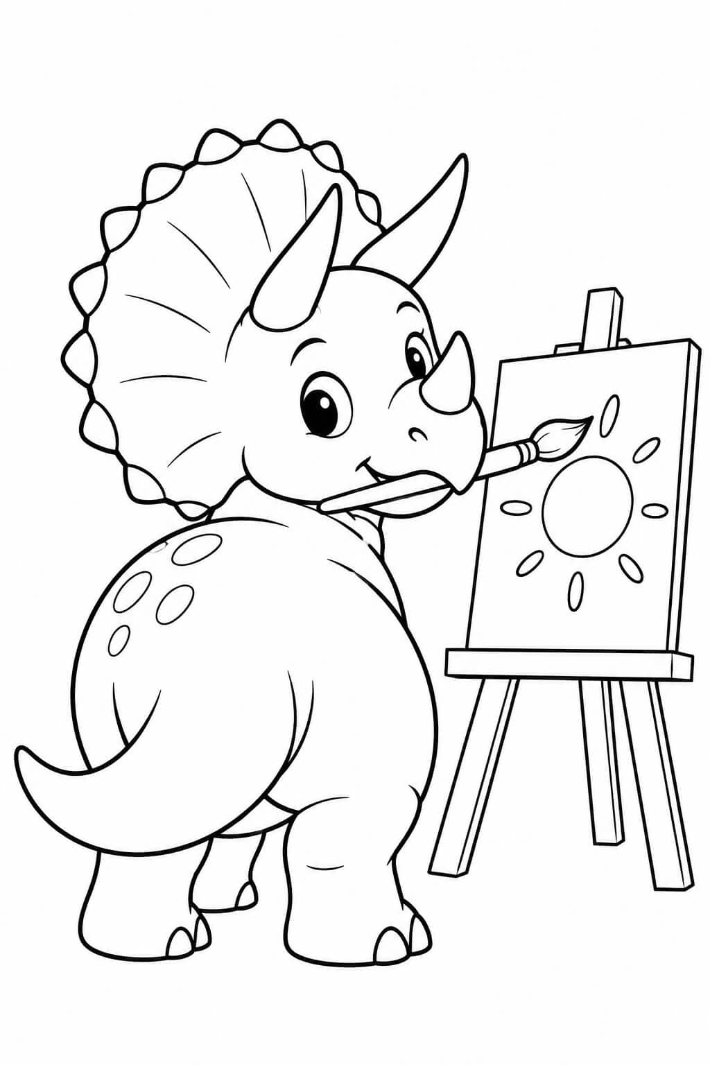 Triceratops mit Pinsel vor einer Staffelei