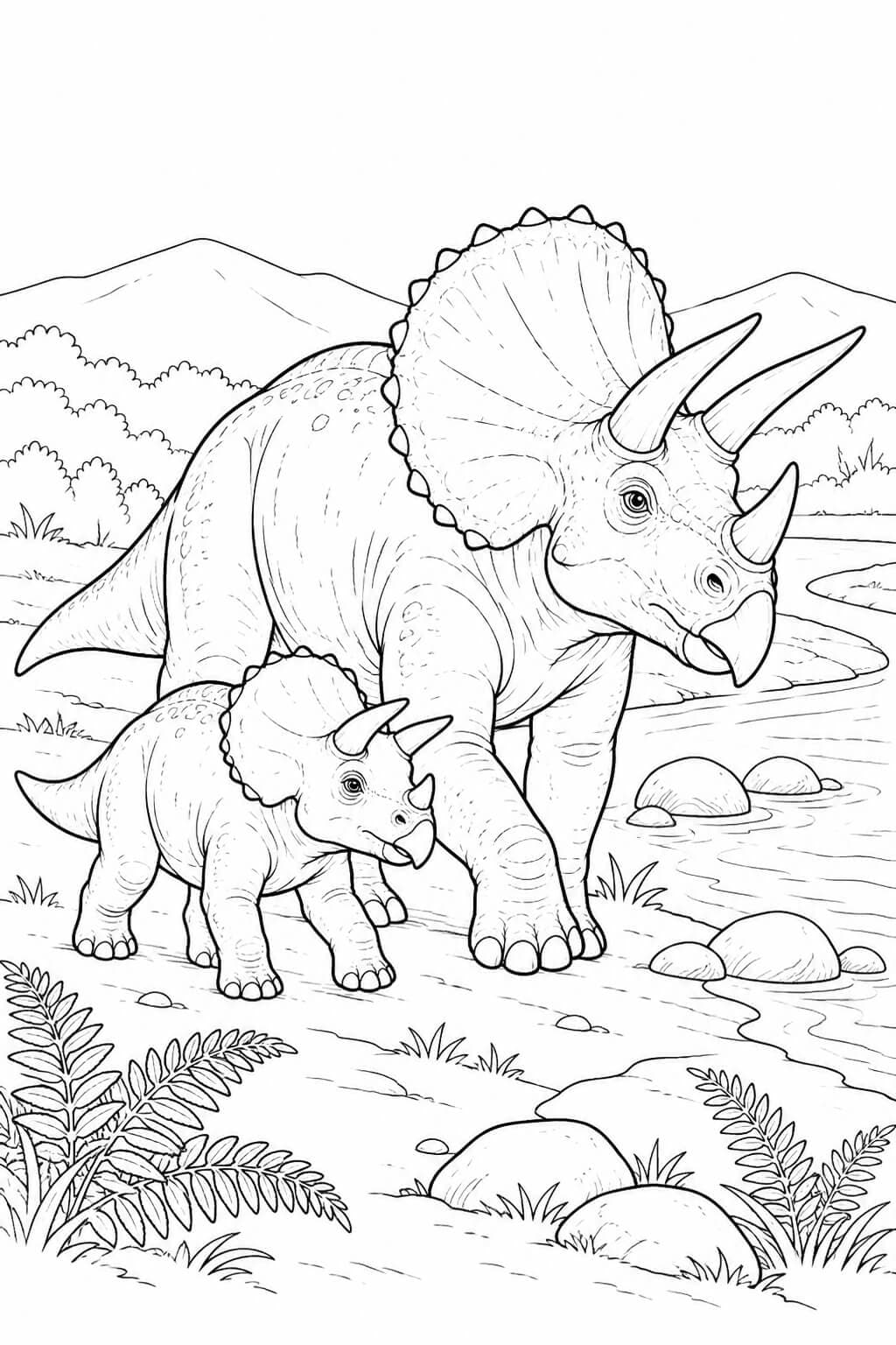 Erwachsener Triceratops und Jungtier an einem Fluss