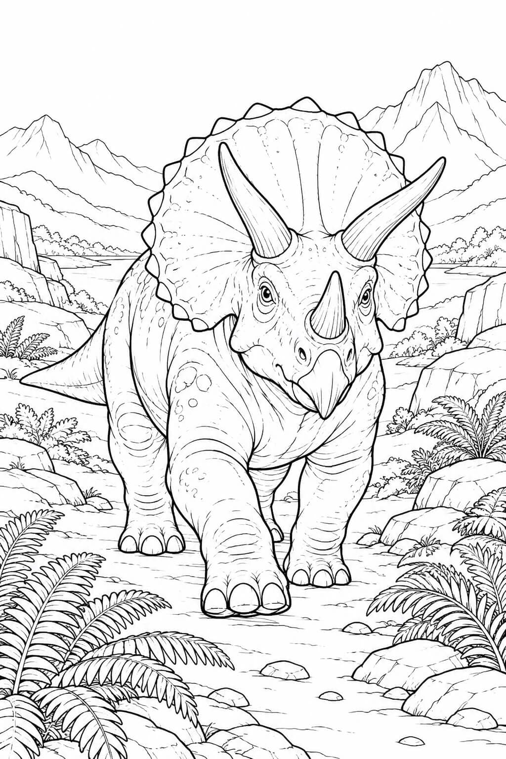 Triceratops auf einem Weg zwischen Farnen und Felsen