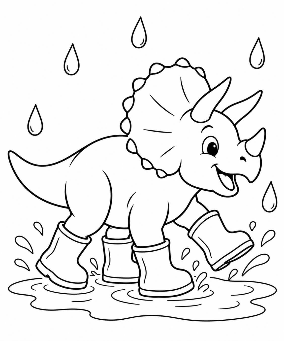 Triceratops in Gummistiefeln springt in eine Pfütze