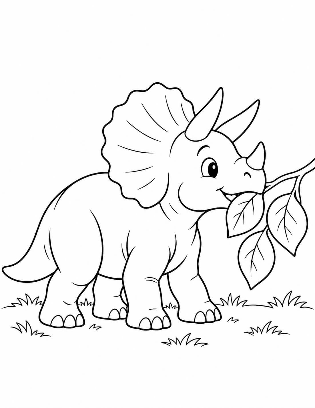 Junger Triceratops knabbert an einem Zweig mit großen Blättern