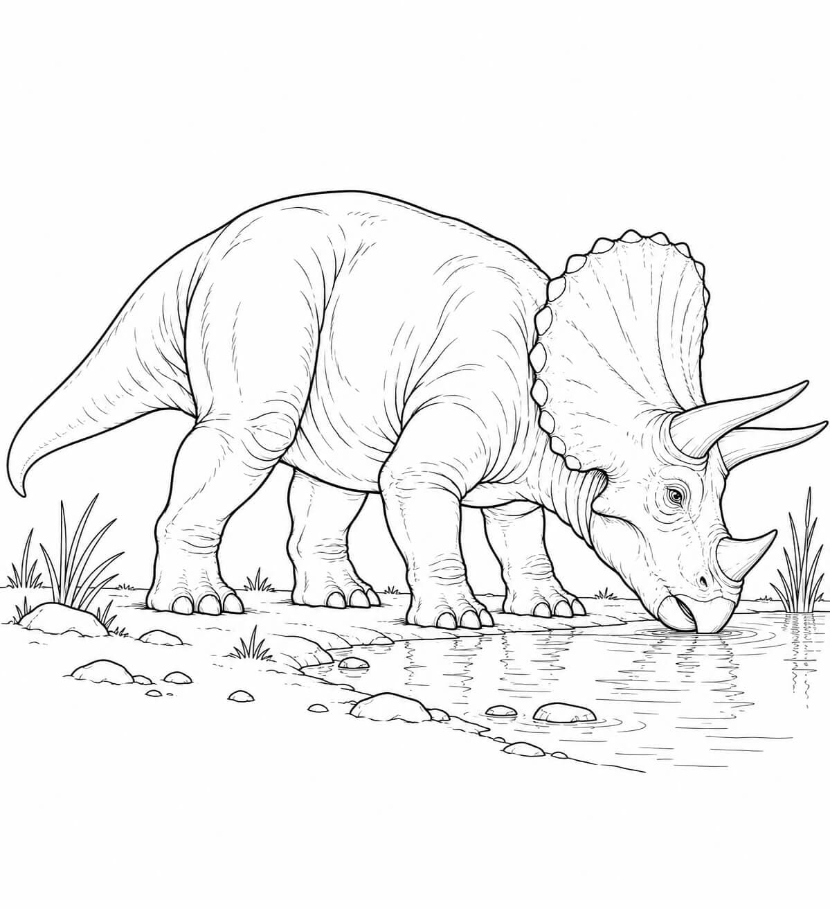 Realistischer Triceratops senkt den Kopf an einer Wasserstelle