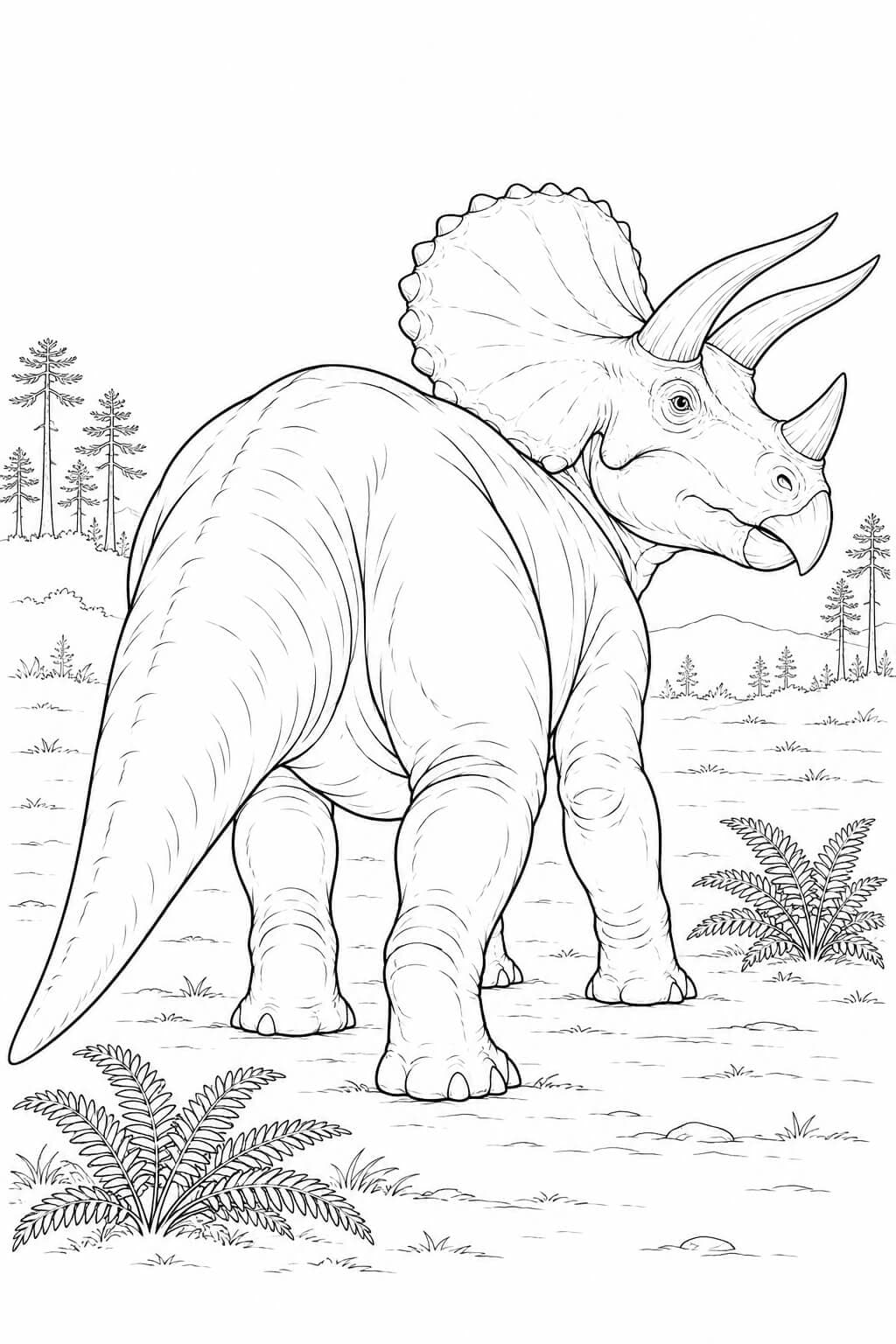 Realistischer Triceratops in Dreiviertelansicht auf einer Lichtung