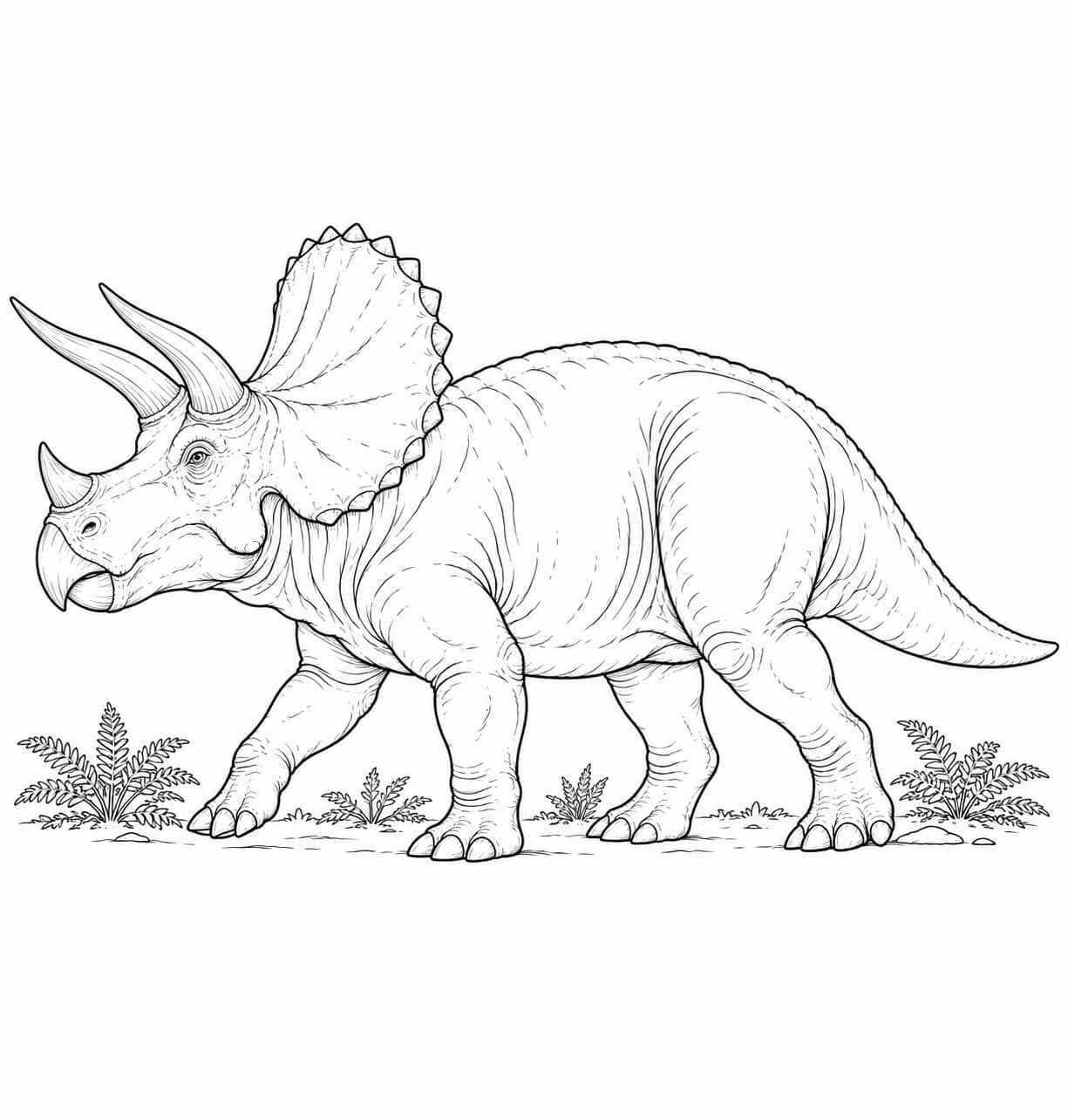 Realistischer Triceratops in Seitenansicht als Schwarz-Weiß-Zeichnung