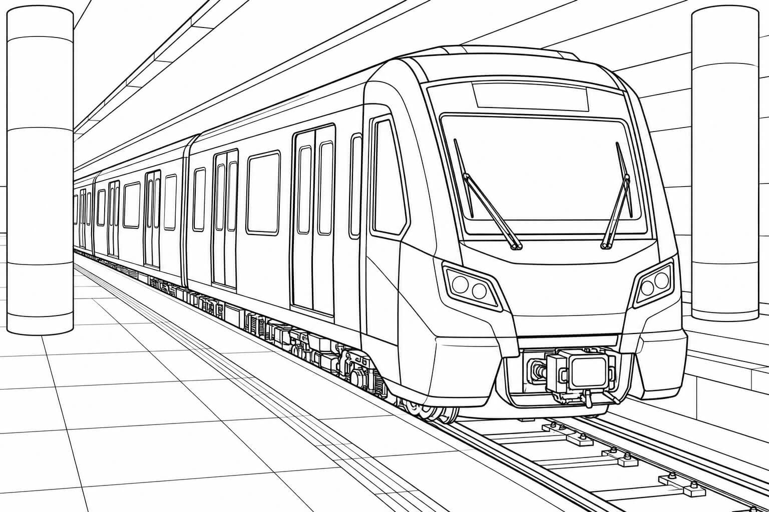 Moderne U-Bahn am Bahnsteig – Ausmalbild in Schwarz-Weiß