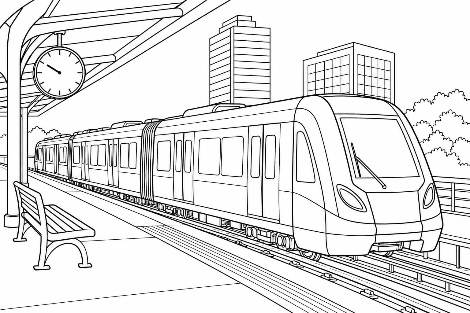 U-Bahn an der Stadtstation – Ausmalbild in Schwarz-Weiß