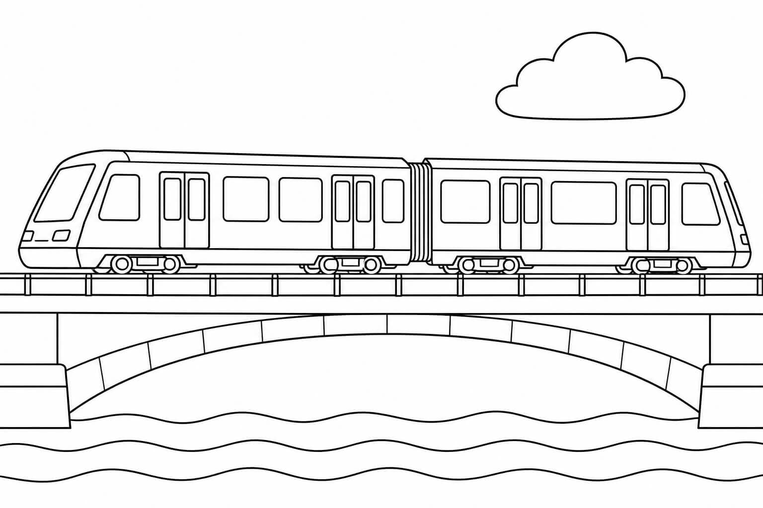 U-Bahn auf der Brücke – Ausmalbild in Schwarz-Weiß