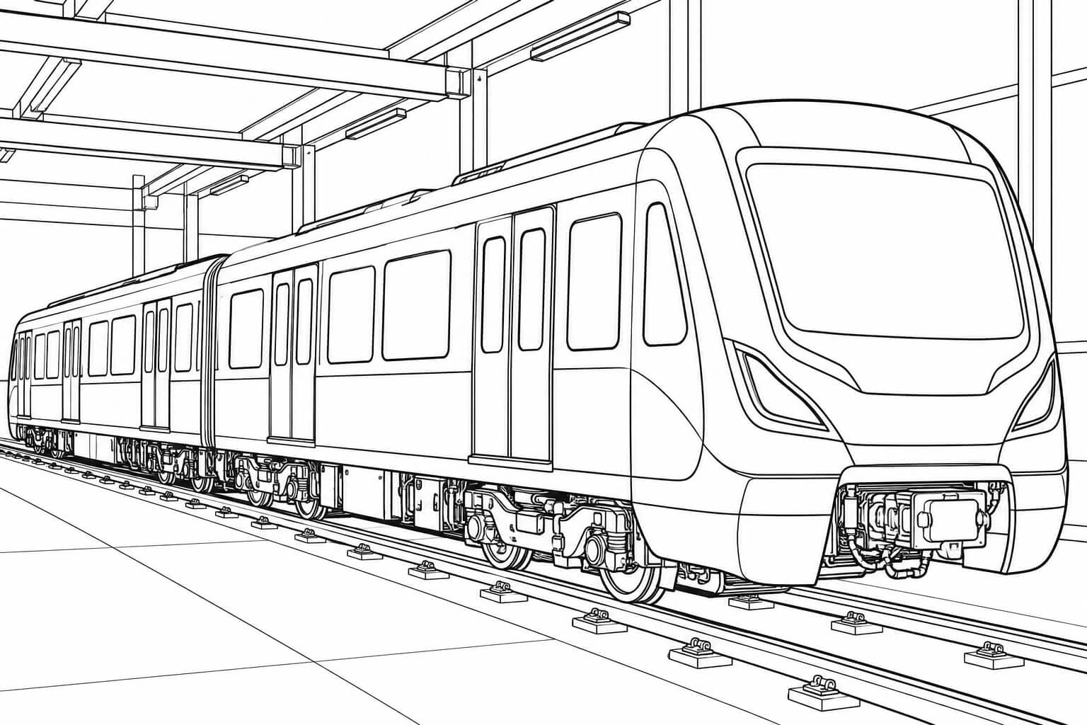 U-Bahn im Depot – Ausmalbild in Schwarz-Weiß