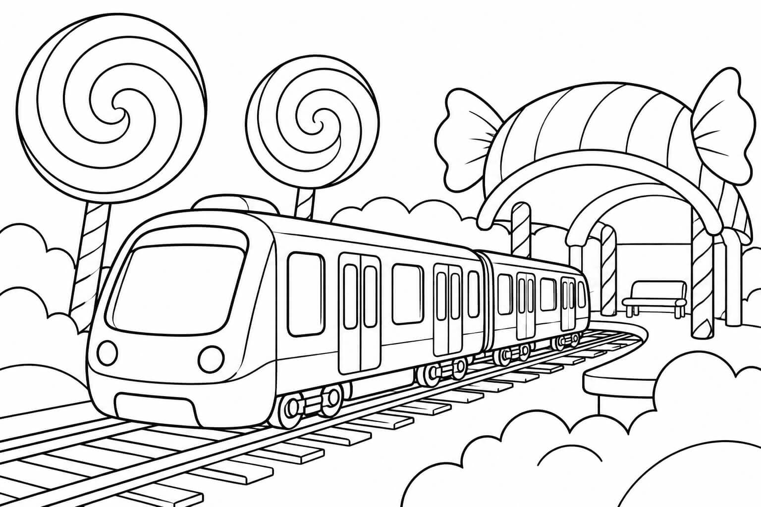 U-Bahn im Süßigkeitenland – Ausmalbild in Schwarz-Weiß