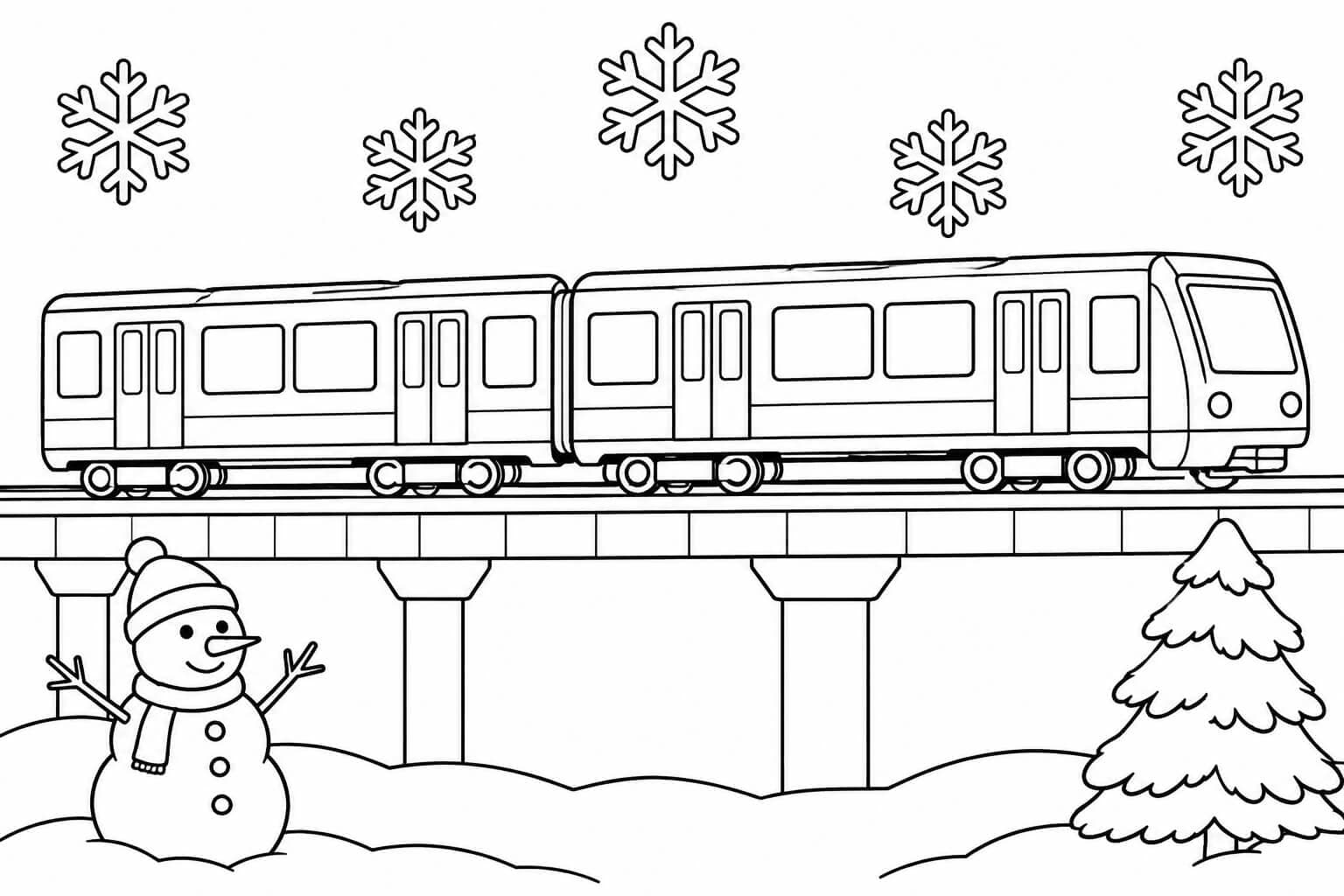 U-Bahn im Winter – Ausmalbild in Schwarz-Weiß
