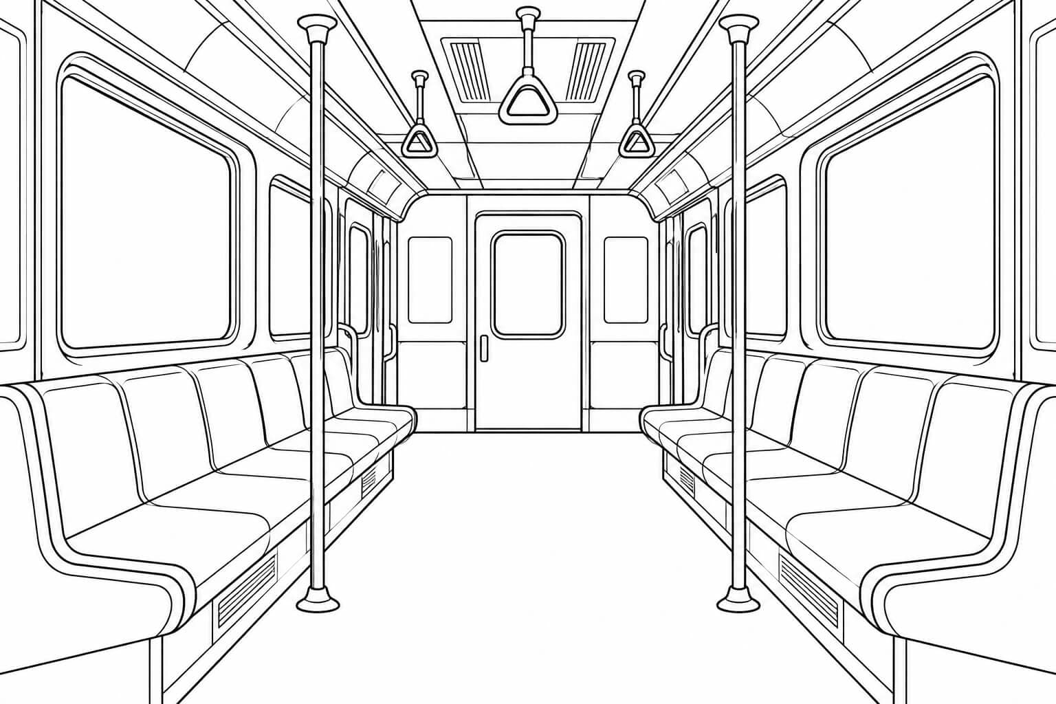 Innenraum einer U-Bahn – Ausmalbild in Schwarz-Weiß