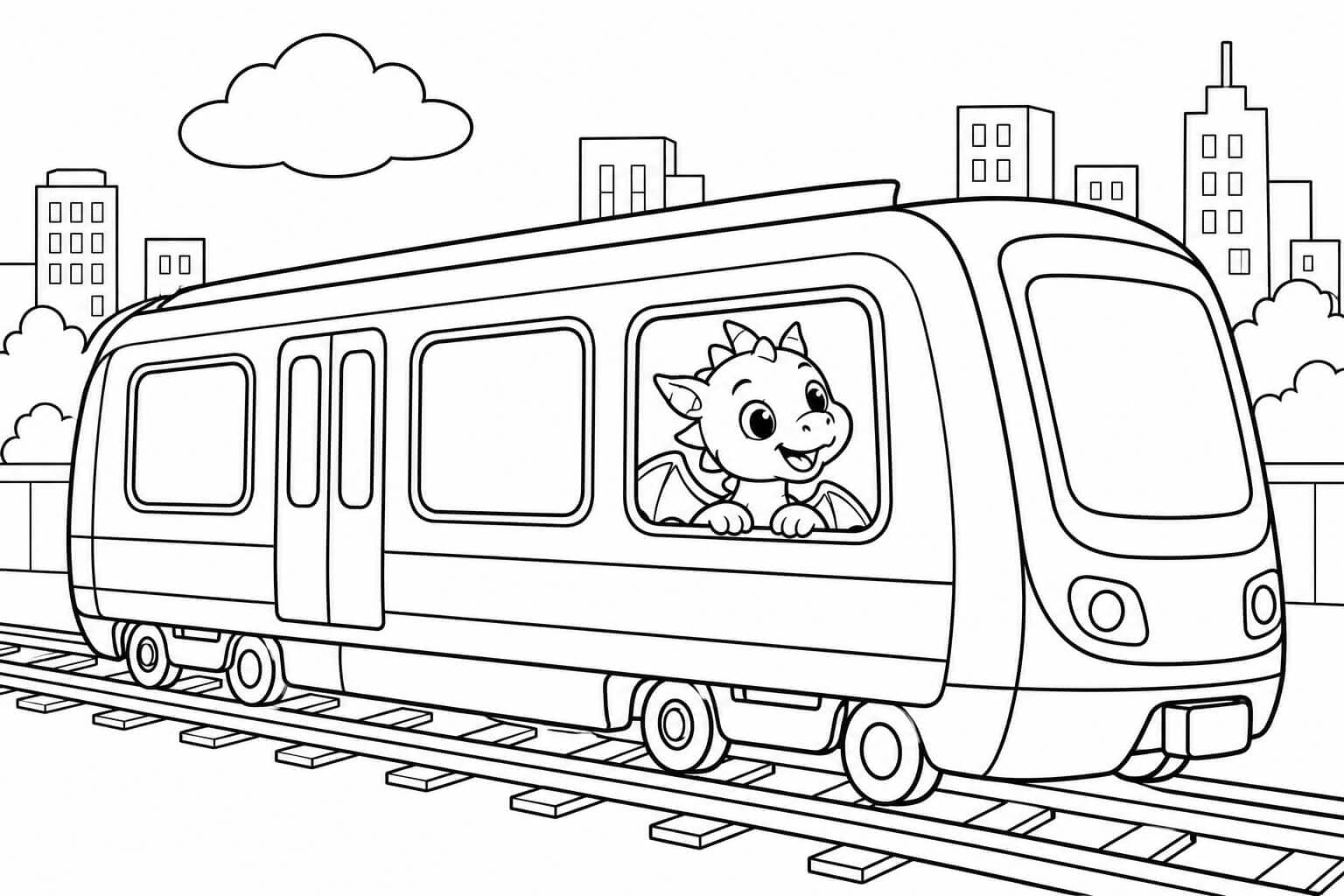 U-Bahn mit kleinem Drachen – Ausmalbild in Schwarz-Weiß