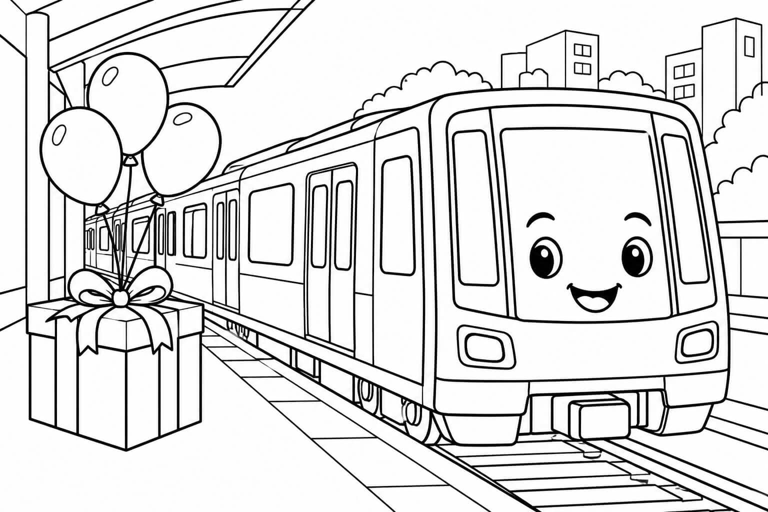 U-Bahn mit Geburtstagsballons – Ausmalbild in Schwarz-Weiß