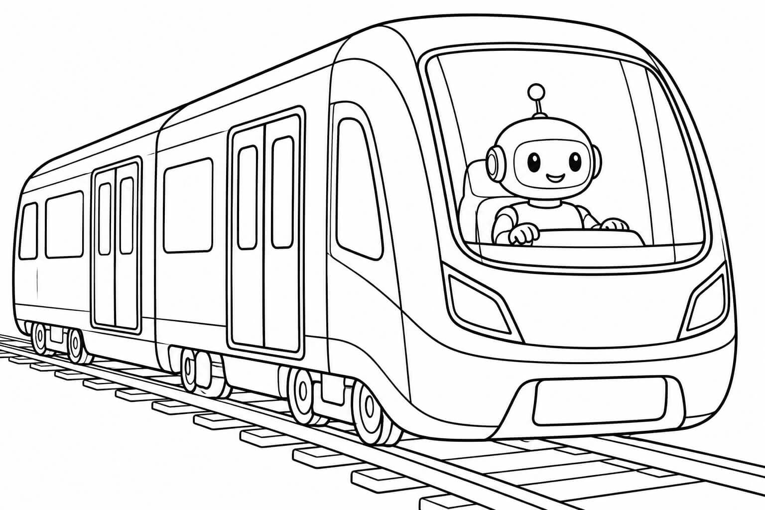 U-Bahn mit Roboterfahrer – Ausmalbild in Schwarz-Weiß