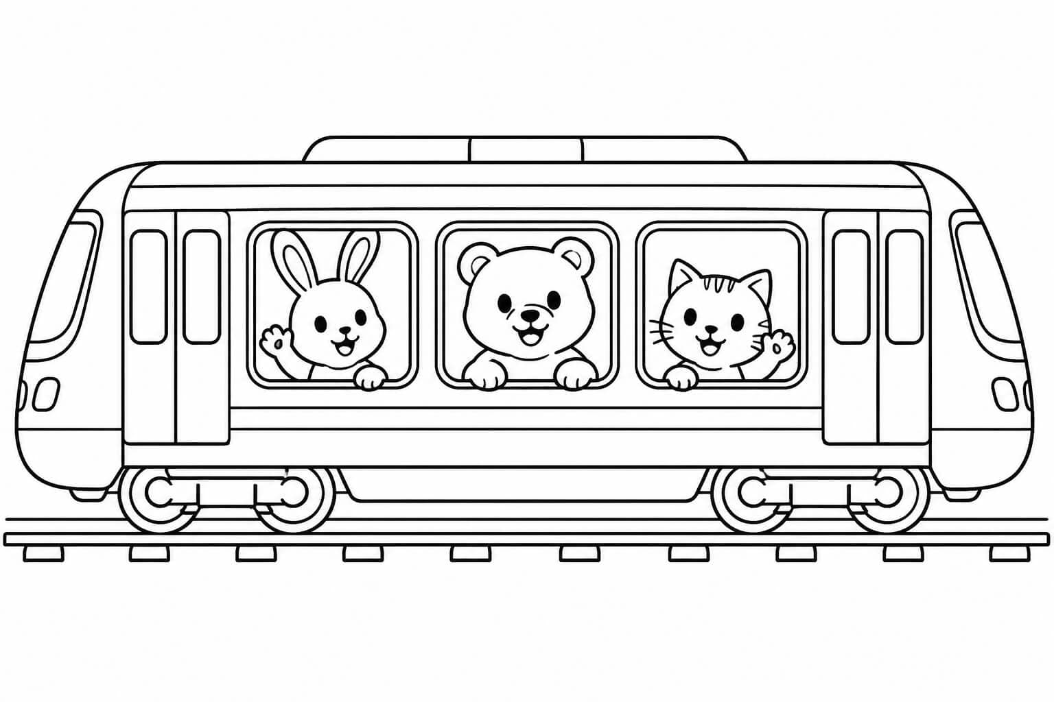 U-Bahn mit Tierfreunden – Ausmalbild in Schwarz-Weiß