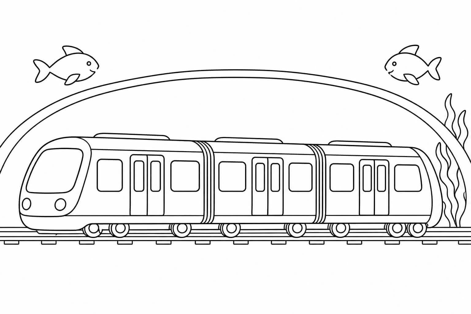 U-Bahn im Unterwassertunnel – Ausmalbild in Schwarz-Weiß
