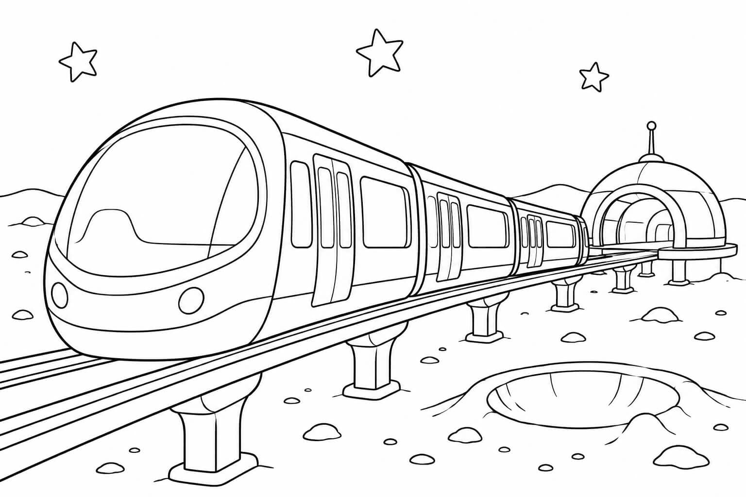 U-Bahn zur Mondstation – Ausmalbild in Schwarz-Weiß
