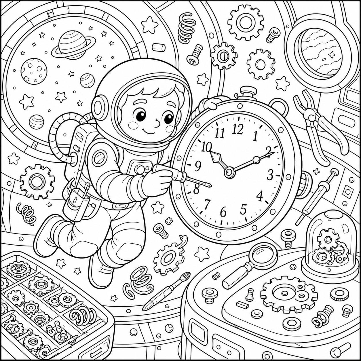 Astronauten-Uhrmacher im Weltall Ausmalbild