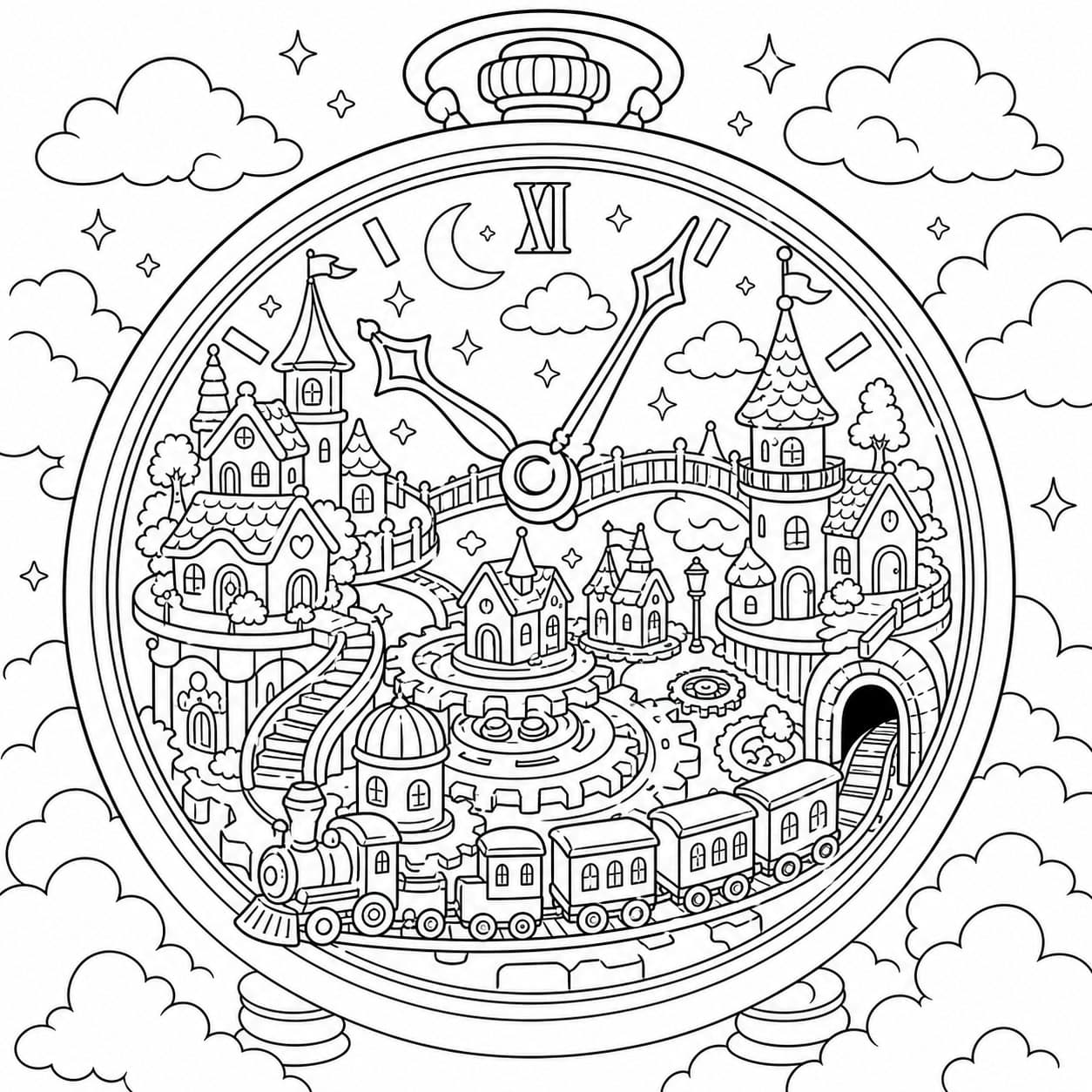 Stadt im riesigen Uhrwerk Ausmalbild