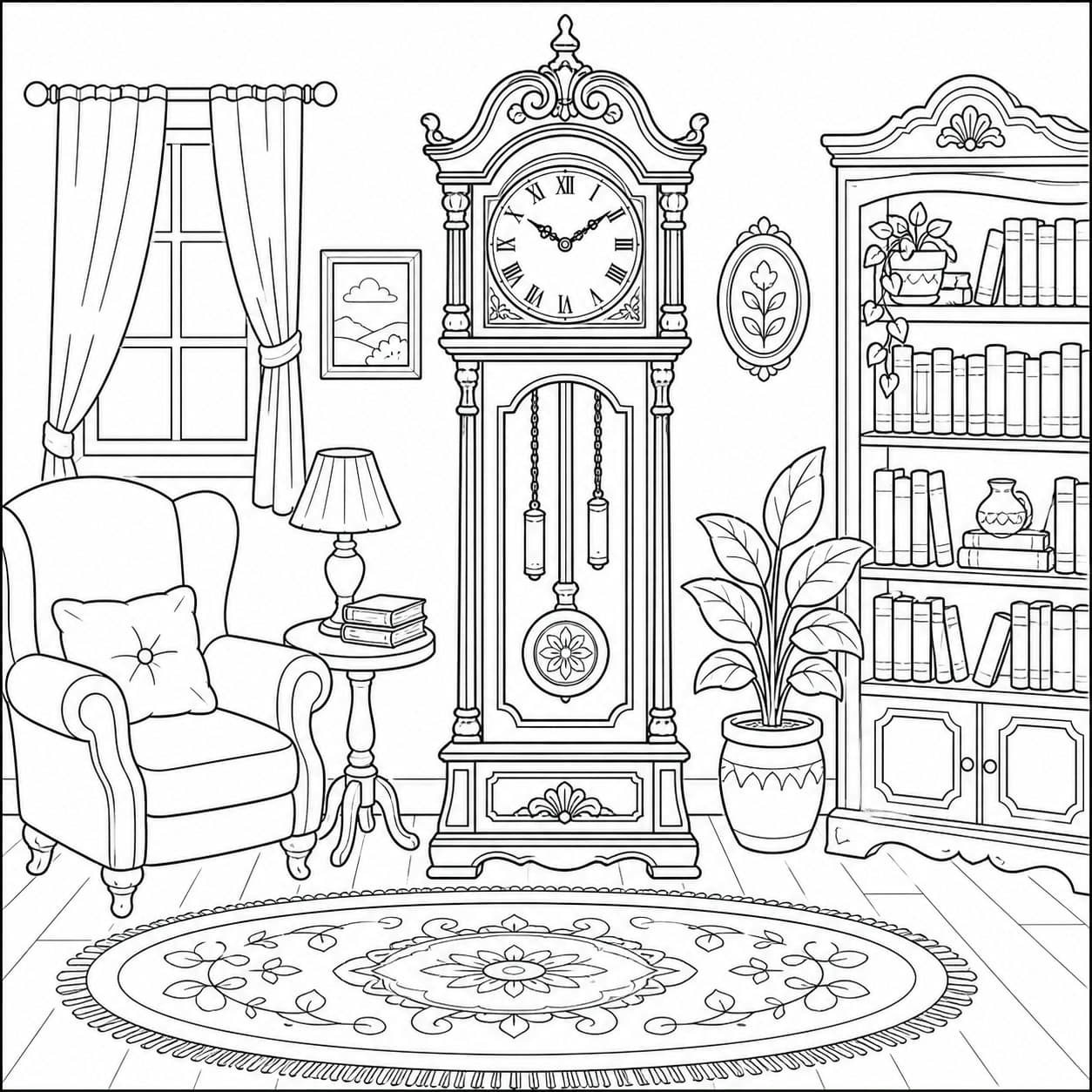 Standuhr im Lesezimmer Ausmalbild
