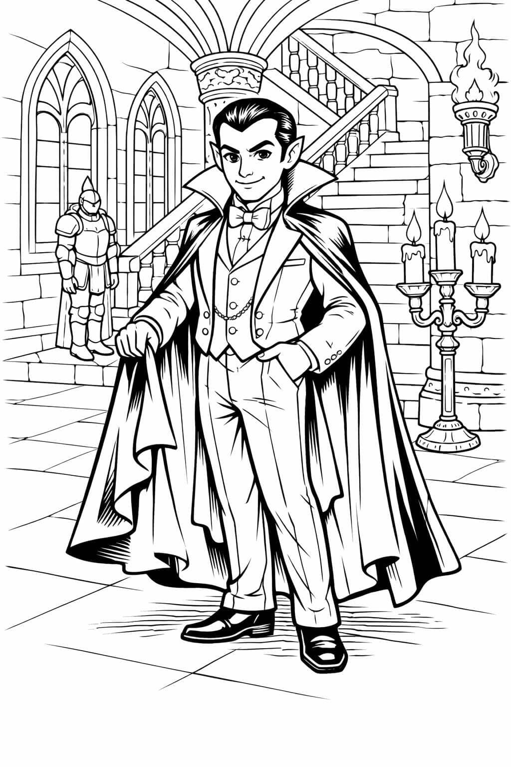 Eleganter Vampir Graf im Schloss Ausmalbild