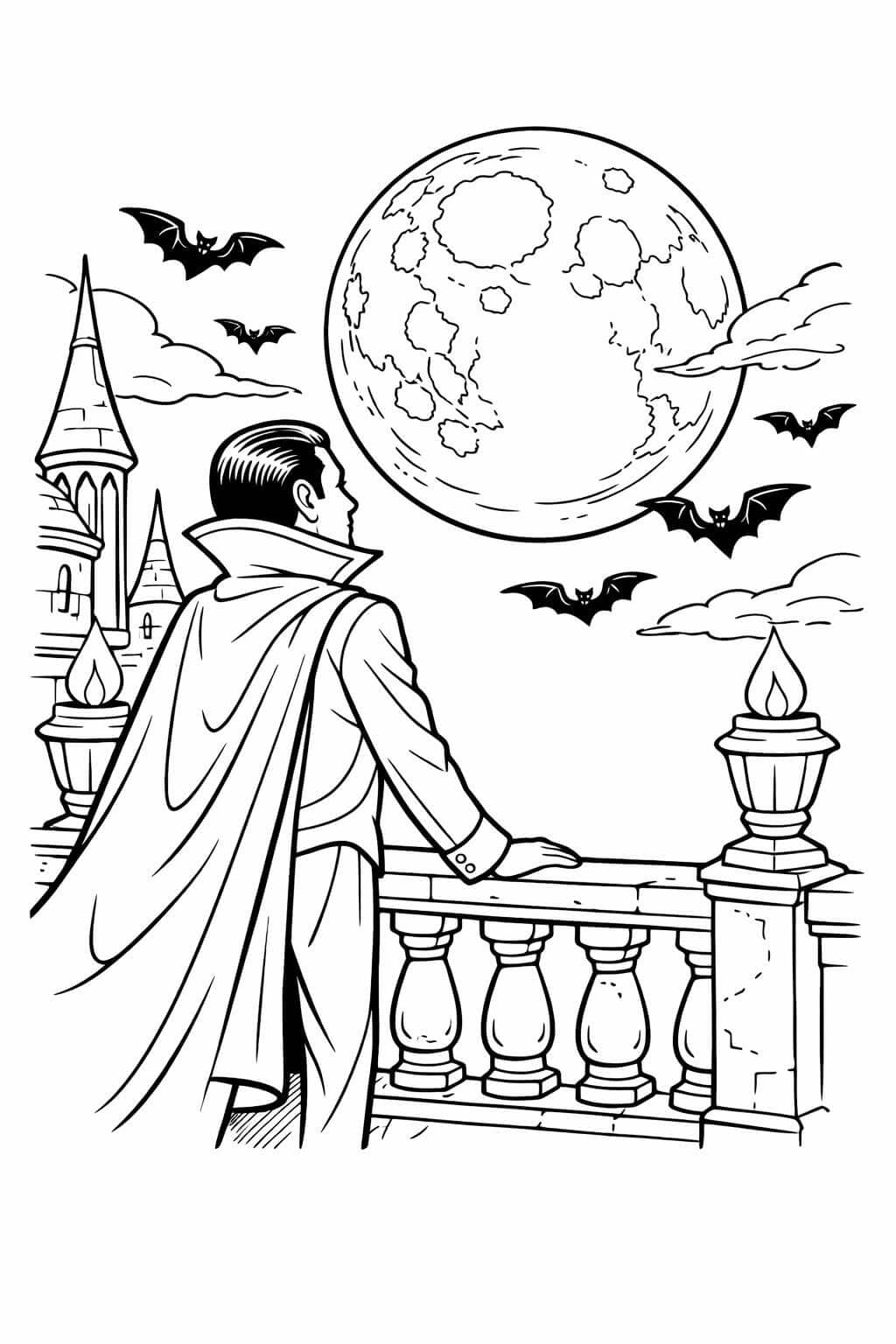 Vampir blickt zum Vollmond Ausmalbild