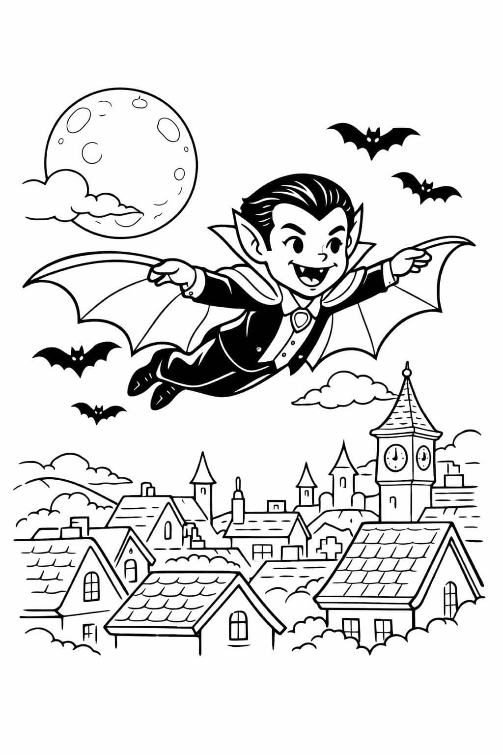 Vampir fliegt über die Stadt Ausmalbild