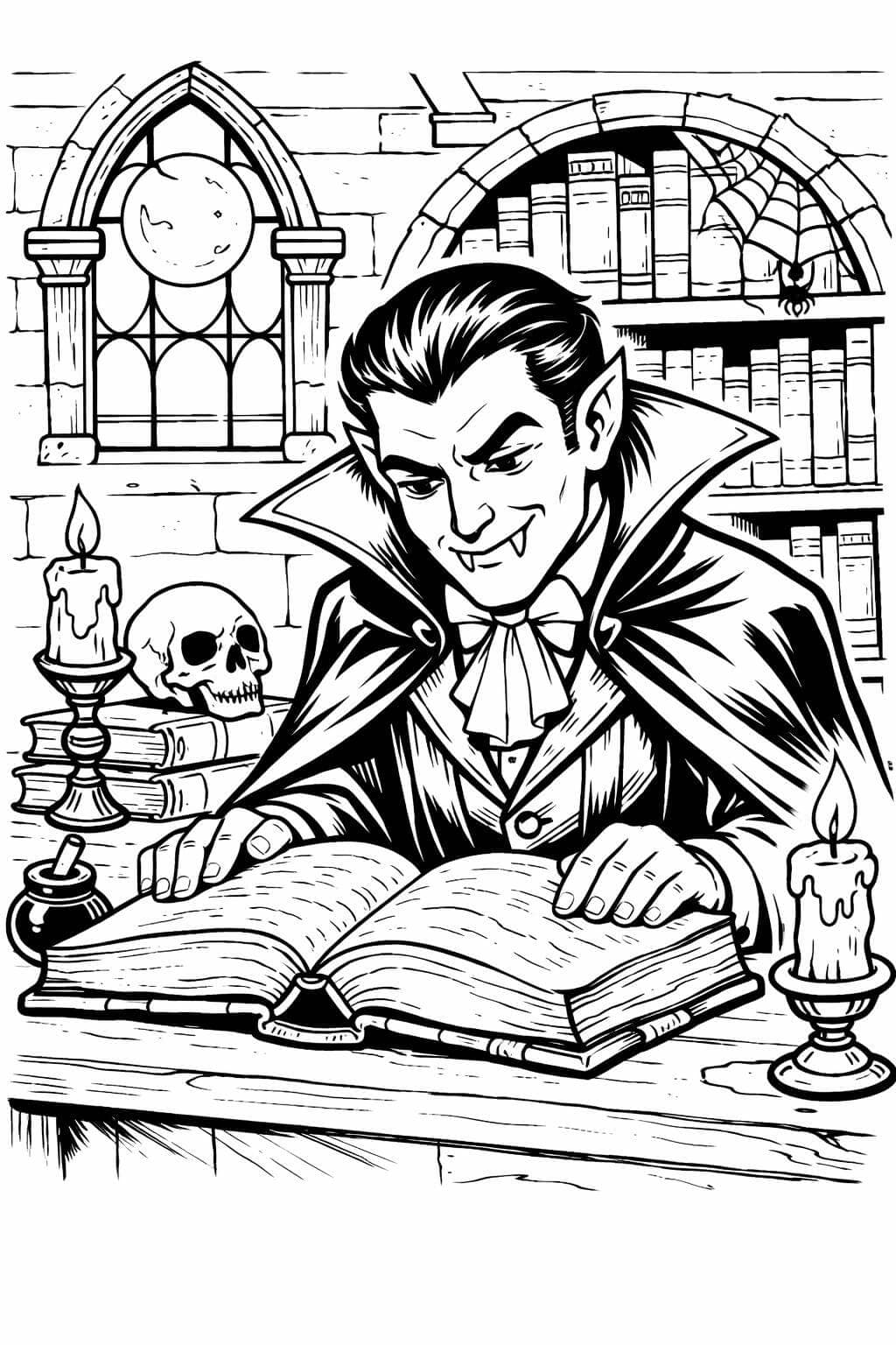 Vampir liest altes Buch Ausmalbild
