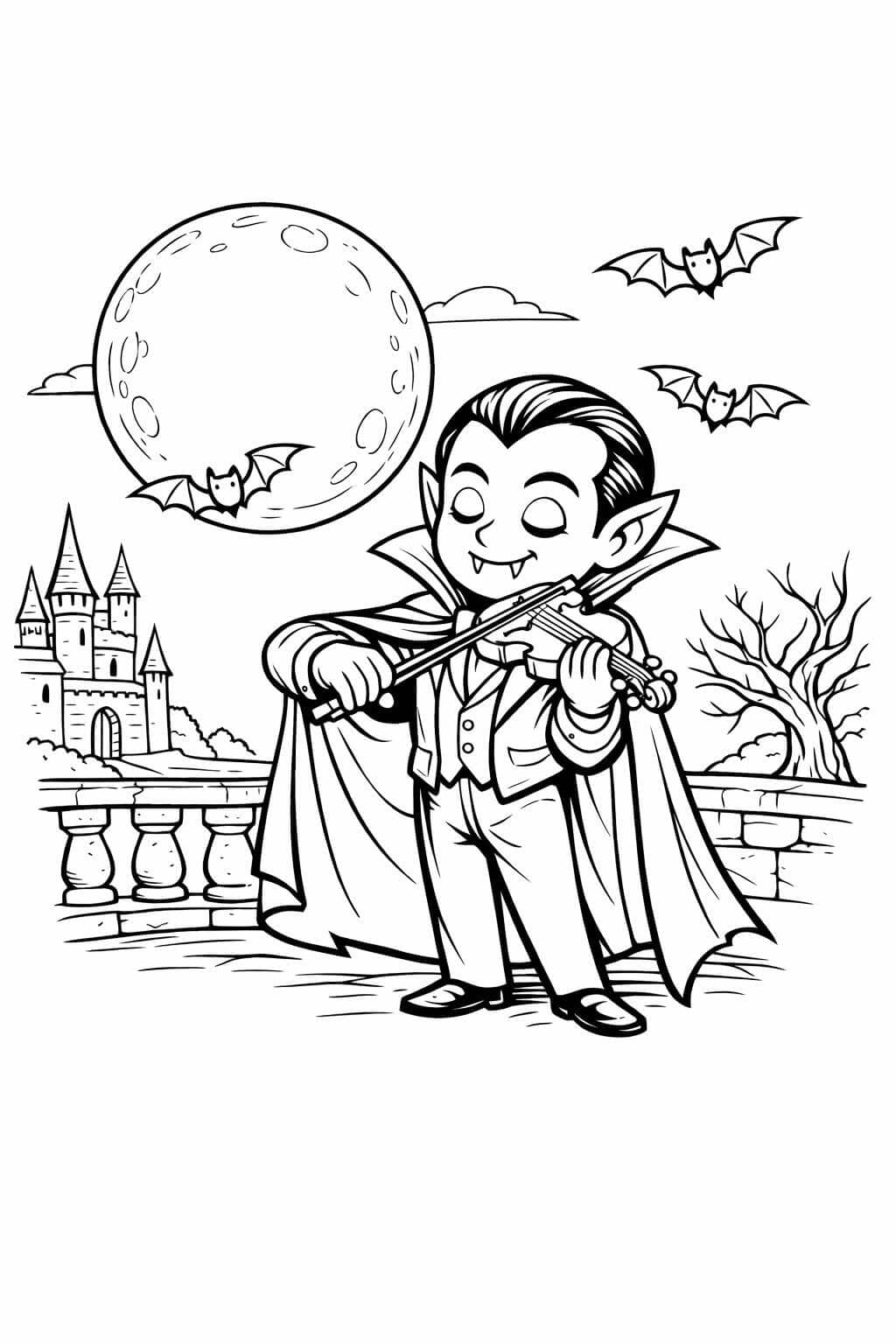 Vampir spielt Geige in der Nacht Ausmalbild