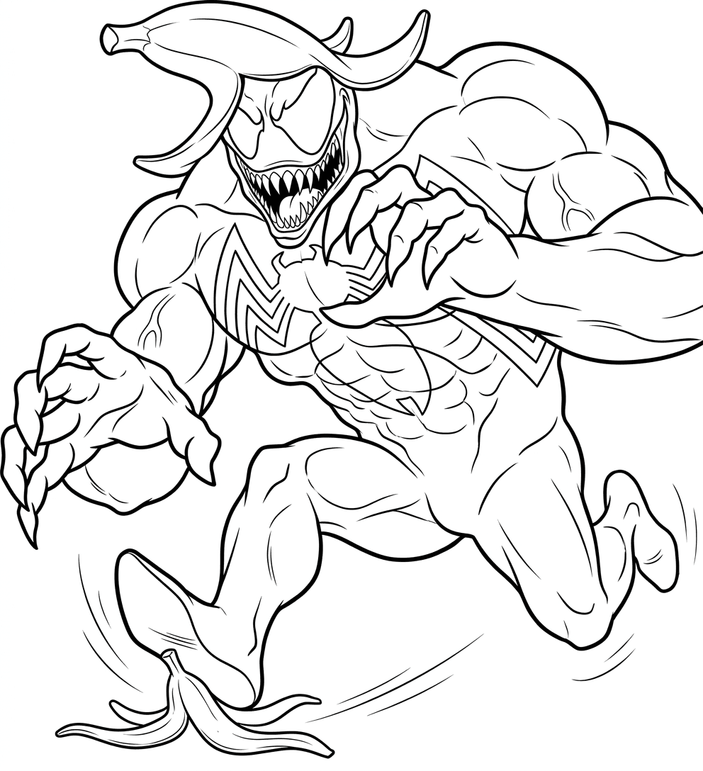 Venom rutscht auf Bananenschale Ausmalbild