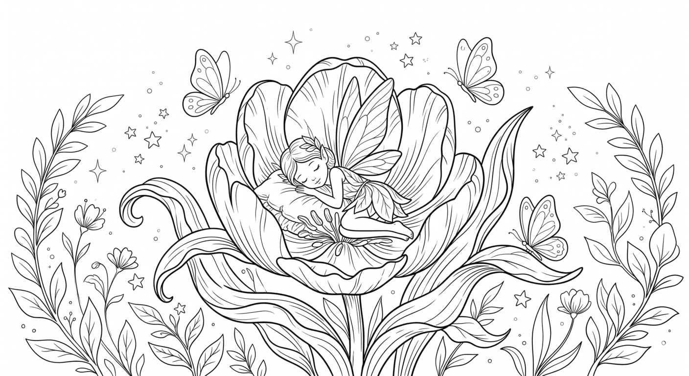 Fee schläft auf Blume Ausmalbild