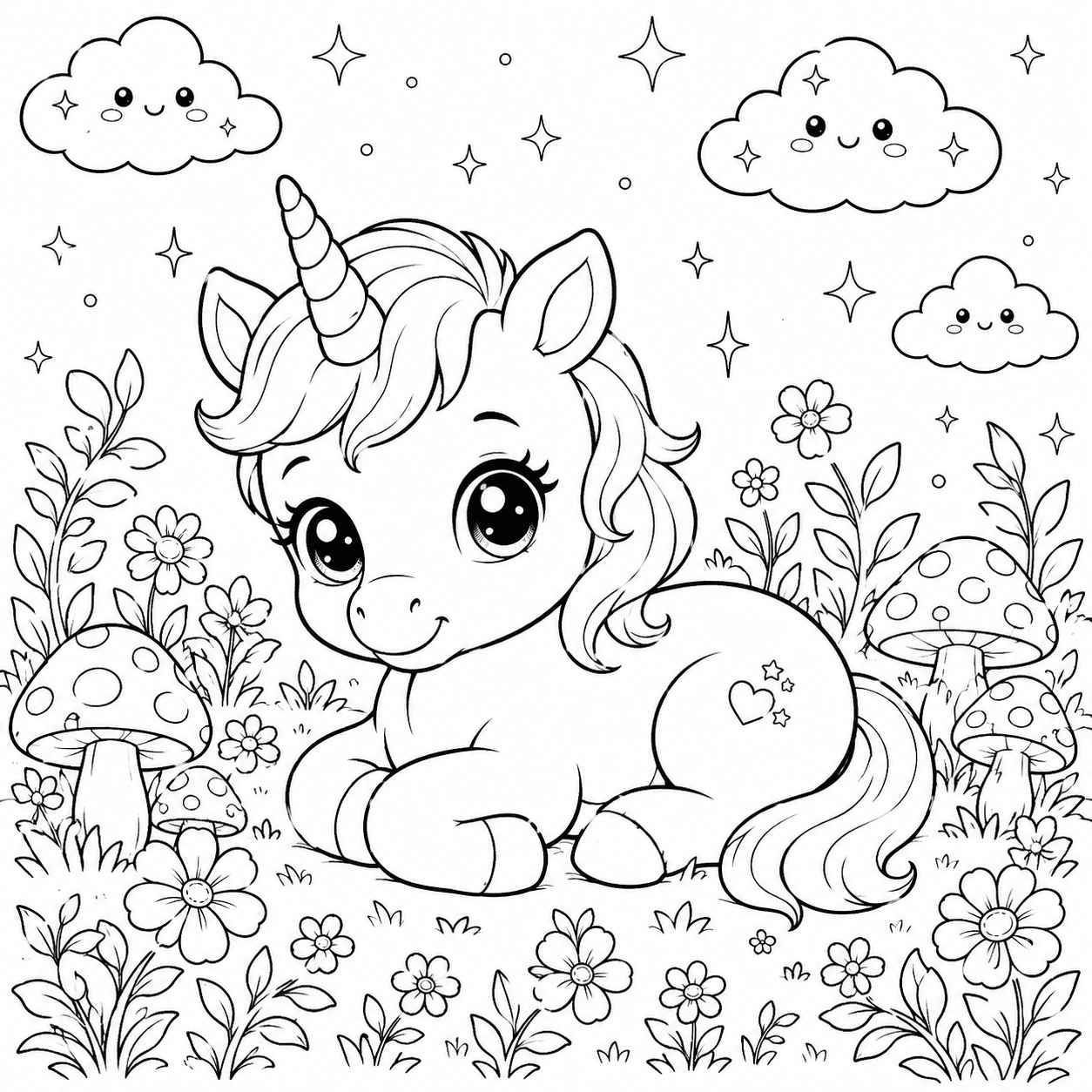 Verzauberter Garten mit Einhorn Ausmalbild